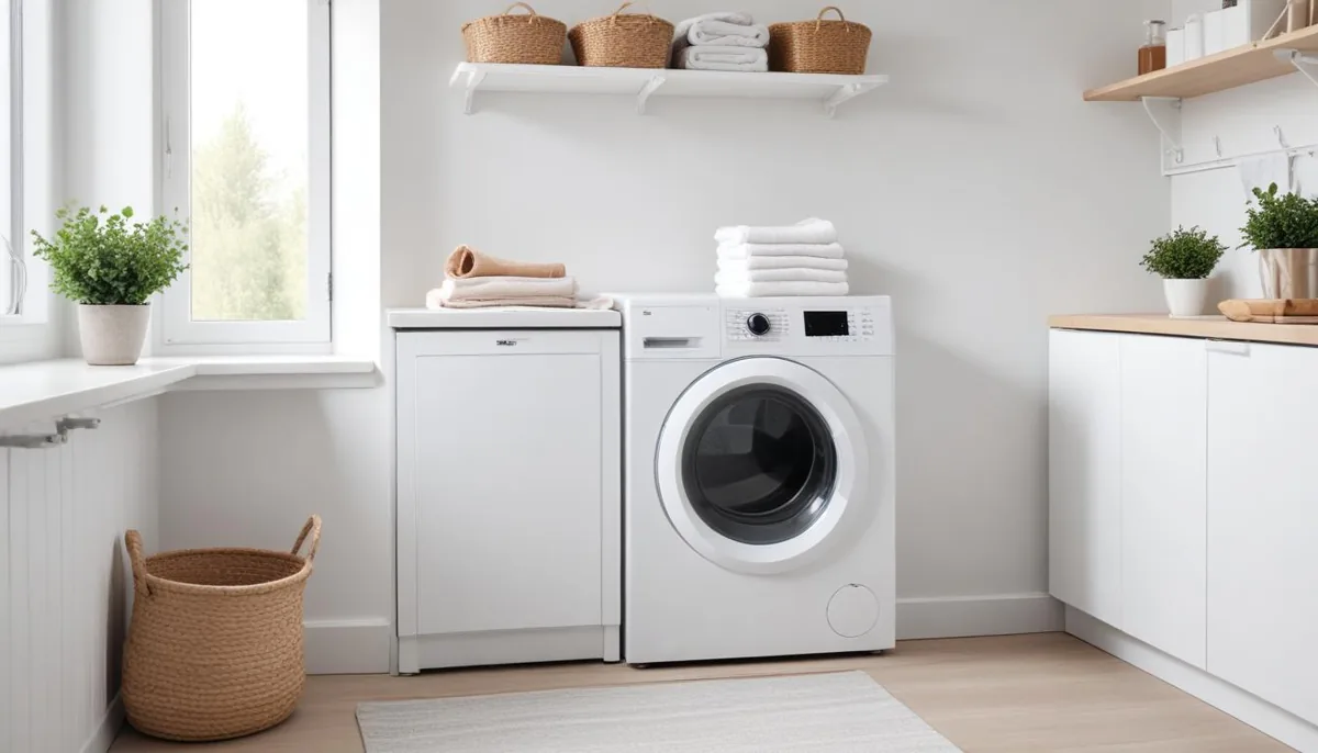 Sèche-linge blanc moderne dans une buanderie lumineuse