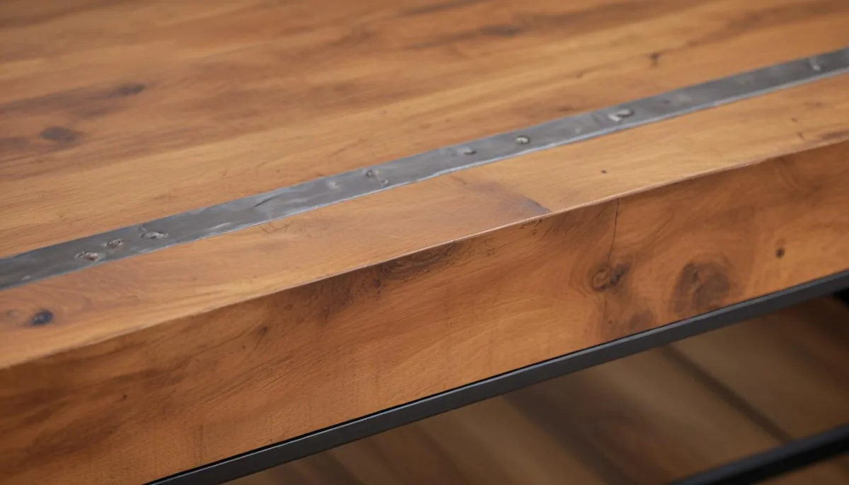 Détail d'une table basse mêlant bois et métal