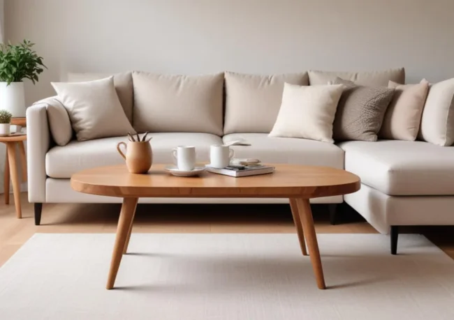 Table basse en bois au centre d'un salon lumineux et convivial