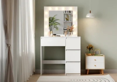 Coiffeuse ALBA Blanche avec Miroir Lumineux et 4 Tiroirs