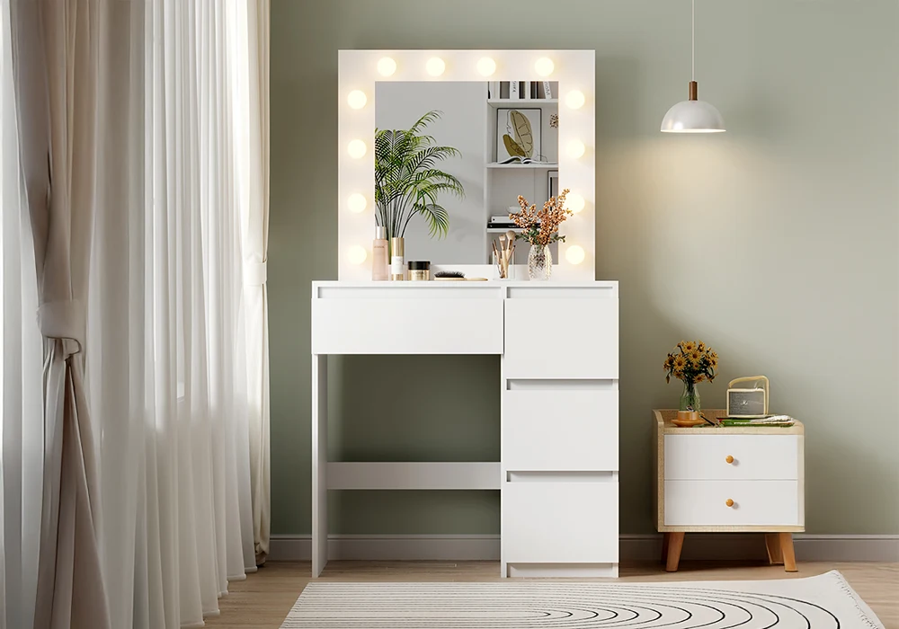 39361 Coiffeuse ALBA Blanche avec Miroir Lumineux et 4 Tiroirs – Image 1