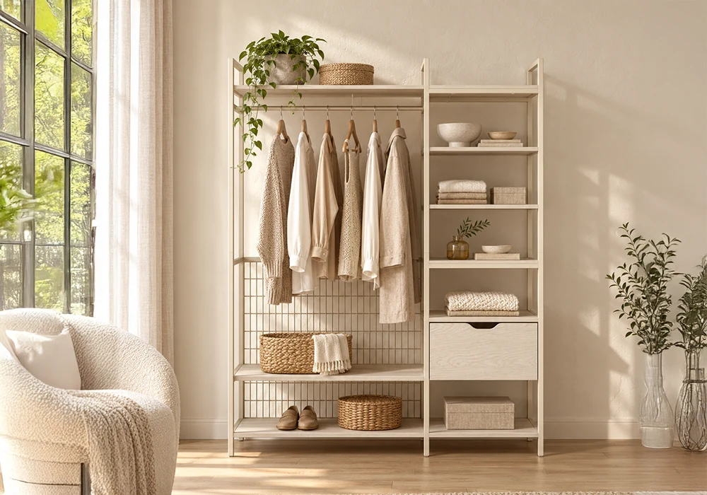 39530-a Dressing AMARA Ouvert avec Penderie, Étagères et Tiroir – Image 1