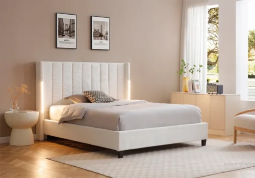 Lit LED AURA 140×190 cm Beige avec Sommier Chambres à Coucher Chambres à Coucher