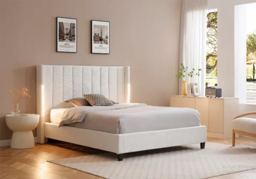 Lit LED AURA 160×200 cm Beige avec Sommier Chambres à Coucher Chambres à Coucher