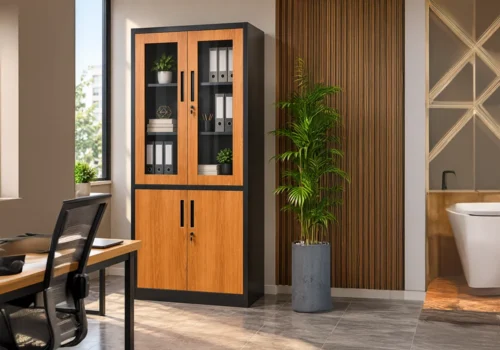 Armoire de Rangement Métal Effet Bois – 4 Portes dont 2 Vitrées Armoires, Commodes & Chevets Armoires, Commodes & Chevets