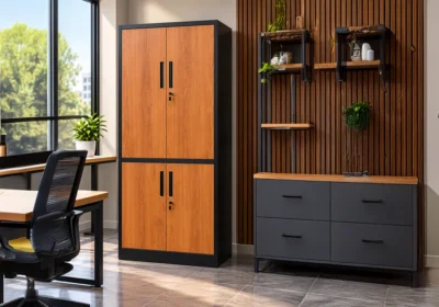 Armoire de Rangement Métal Effet Bois – 4 Portes avec Serrures