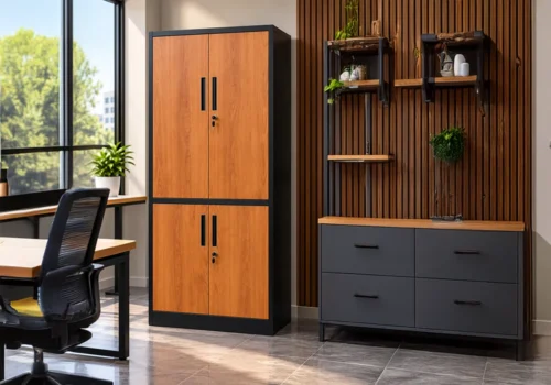 Armoire de Rangement Métal Effet Bois – 4 Portes avec Serrures Armoires, Commodes & Chevets Armoires, Commodes & Chevets