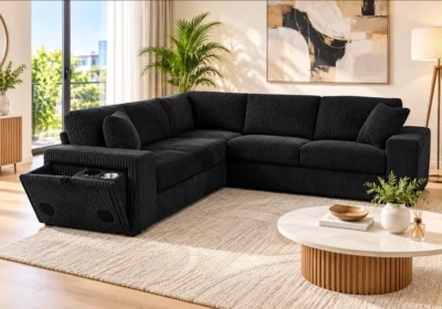 Salon d&rsquo;Angle Réversible GORIL Noir Avec Enceinte Bluetooth Angles Angles