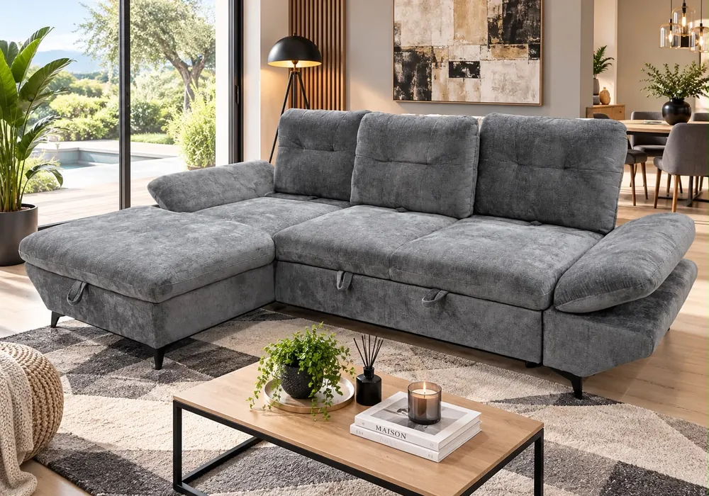 Salon D&rsquo;Angle Convertible PATRICIA Avance-Recule Gris Foncé Angles Angles