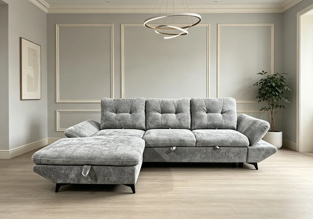 41185-41186 Salon D'Angle Convertible PATRICIA Avance-Recule Gris Clair – Image 1