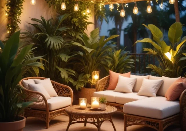Terrasse aménagée avec mobilier et plantes tropicales