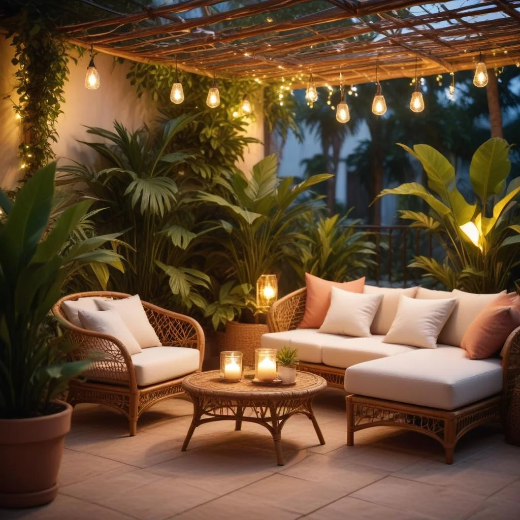 Terrasse aménagée avec mobilier et plantes tropicales