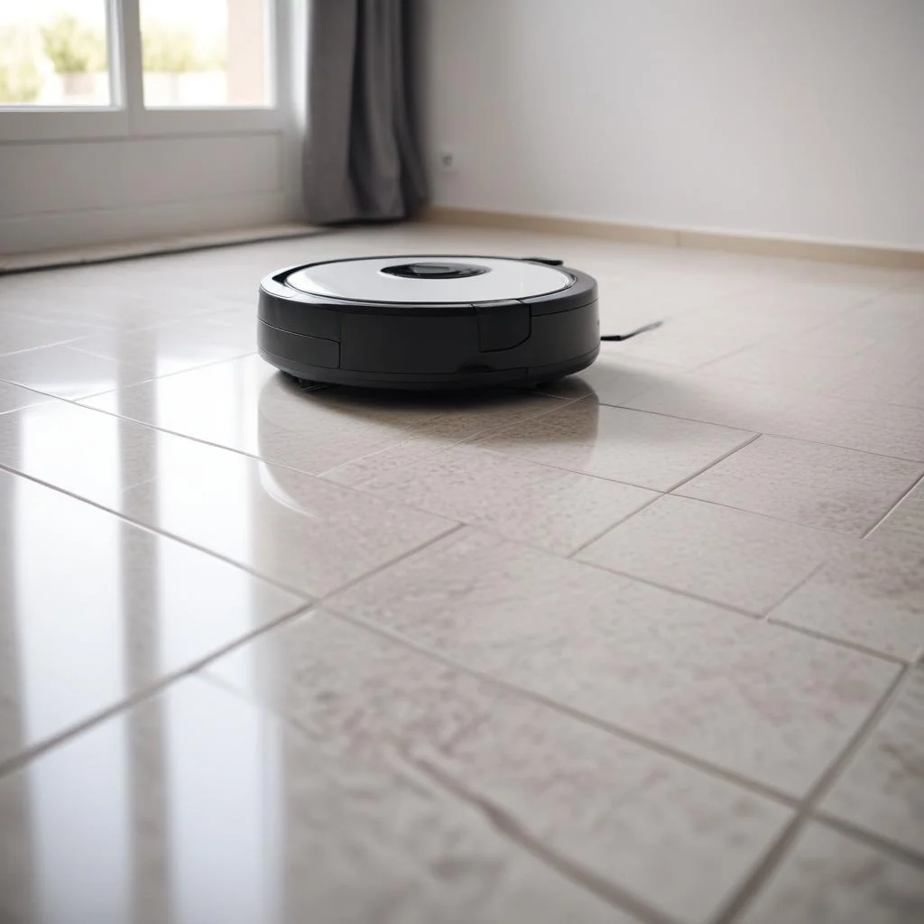 Robot aspirateur en fonctionnement sur un carrelage