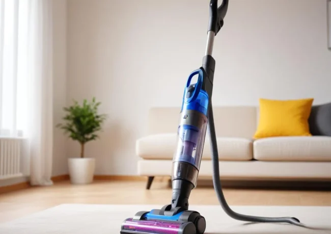 Aspirateur balai sans fil dans un séjour lumineux