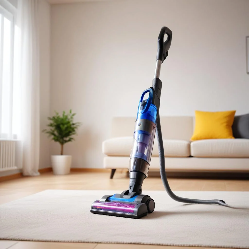 Aspirateur balai sans fil dans un séjour lumineux