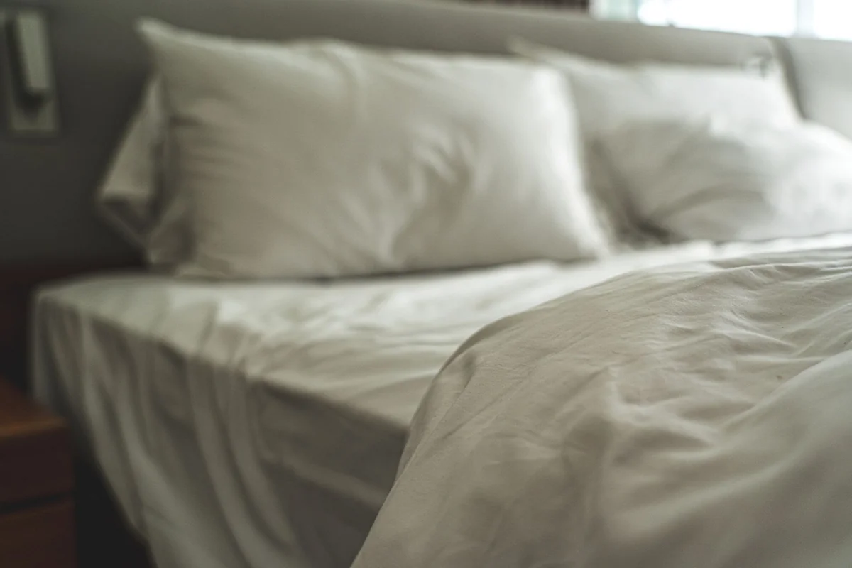 Lit habillé de draps clairs en coton