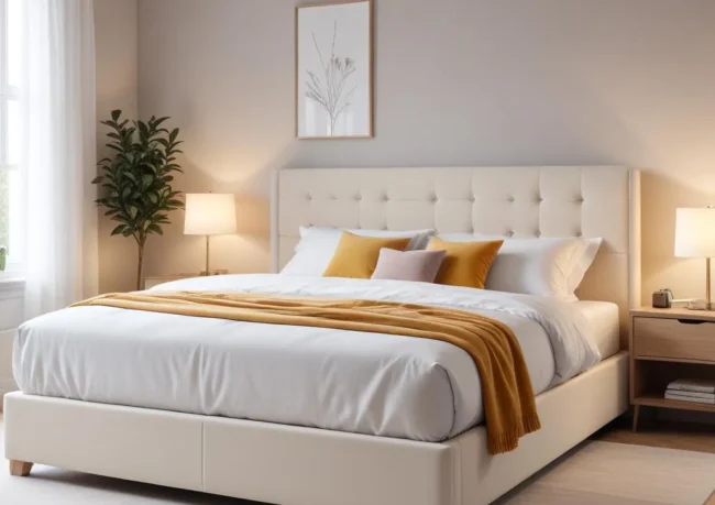 Lit coffre capitonné dans une chambre lumineuse