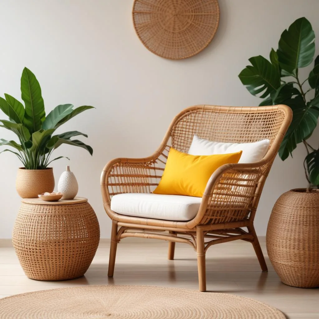 Fauteuil en rotin et console en bois de manguier