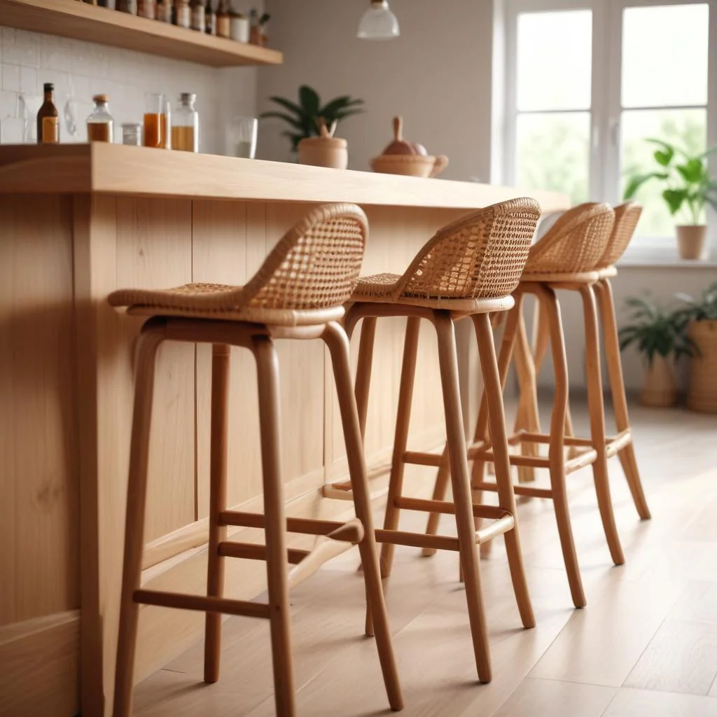 Tabourets en bois et rotin devant un comptoir clair