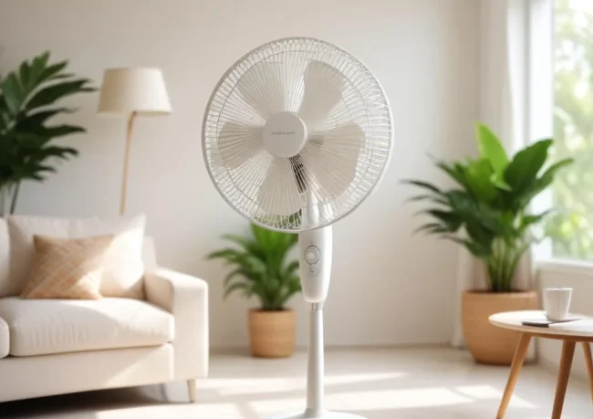 Ventilateur sur pied dans un séjour lumineux