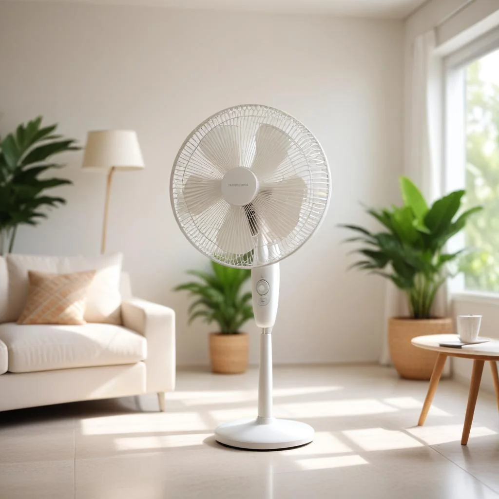 Ventilateur sur pied dans un séjour lumineux