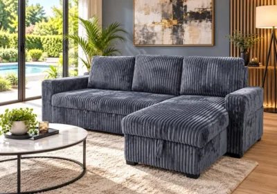 Salon d'angle convertible TILA en tissu côtelé gris foncé, méridienne à droite, dans un salon lumineux