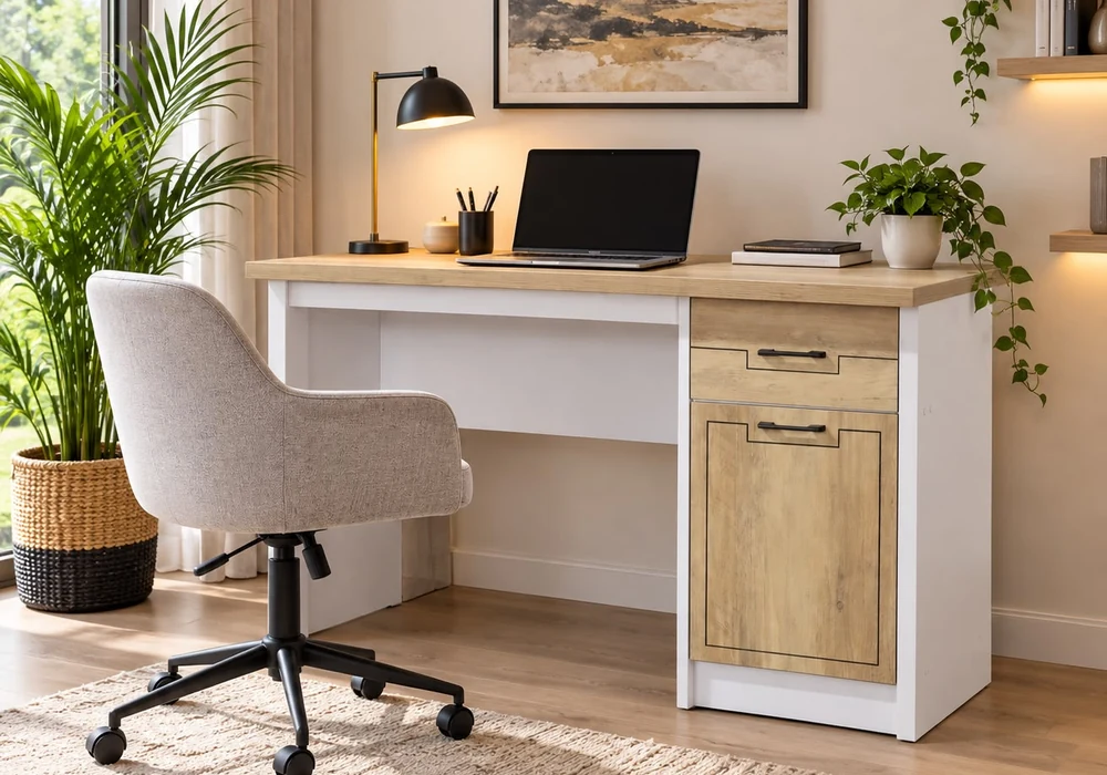 Bureau 1 Porte 1 Tiroir collection Bianca, mis en scène dans un espace de travail