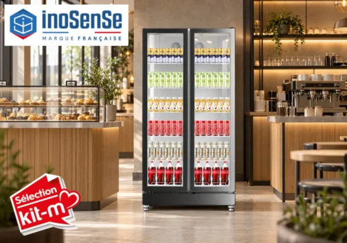 Vitrine à boissons INOSENSE noire 2 portes vitrées garnie de boissons dans un café