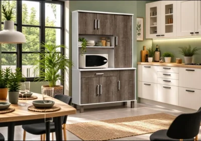 Buffet de cuisine 6 portes Audrey coloris chêne gris et blanc avec niche micro-ondes, dans une cuisine meublée