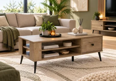 Table basse Caria effet bois naturel avec tiroir et niche de rangement, dans un salon meublée
