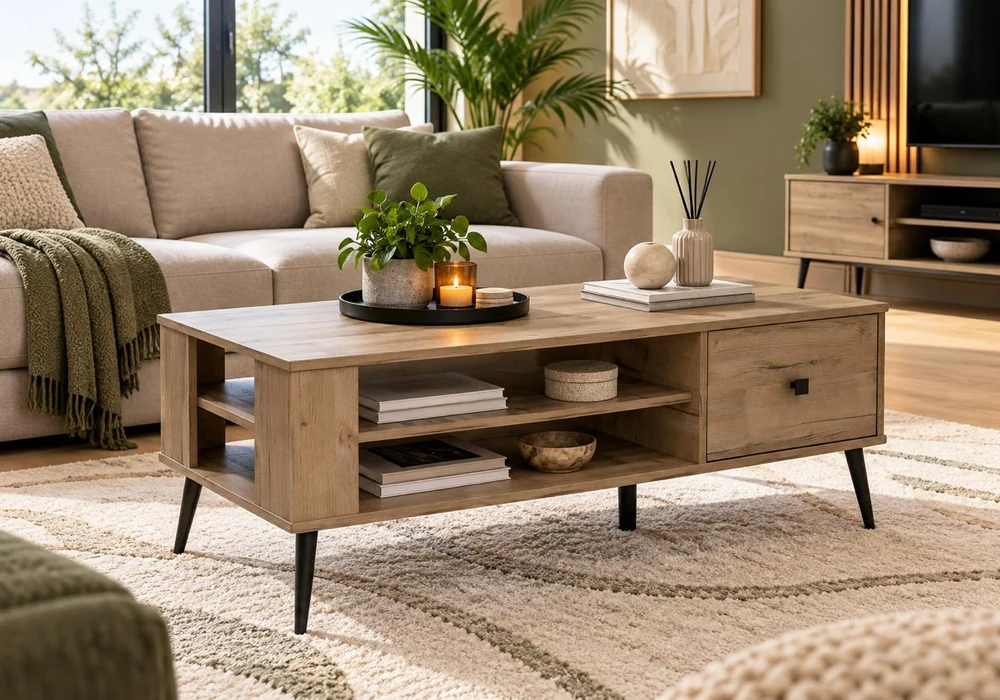 Table basse Caria effet bois naturel avec tiroir et niche de rangement, dans un salon meublée