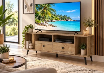 Meuble TV 2 tiroirs avec niches Caria en finition bois clair Pinus Sweet, dans un salon meublée