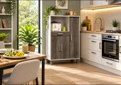 Meuble de cuisine 3 portes 1 tiroir Vivia coloris blanc et chêne gris avec niche, dans une cuisine meublée