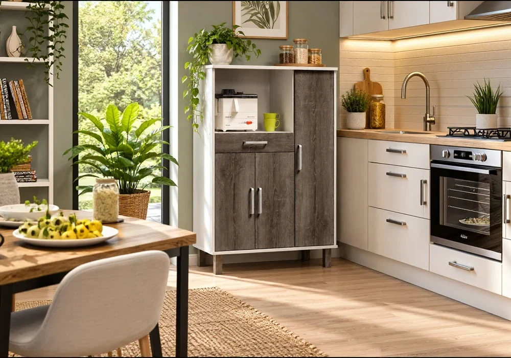 39241 Meuble de cuisine 3 portes 1 tiroir Vivia coloris blanc et chêne gris avec niche, dans une cuisine meublée