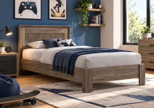 Lit 90x190 cm Livia en coloris Safari Oak, dans une chambre meublée
