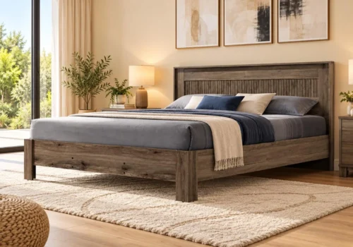 Lit 140x190 cm Livia en coloris Safari Oak, dans une chambre meublée