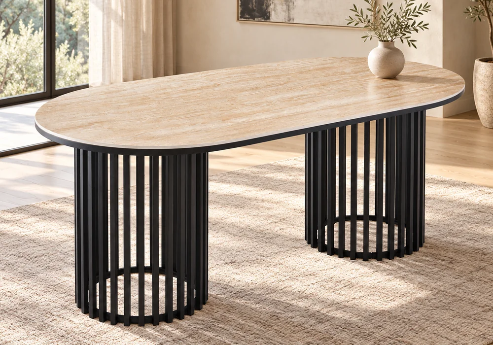 Table à manger ovale LONVIE 180 cm, plateau effet pierre beige et double piètement noir à barreaux, dans une salle à manger lumineuse
