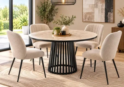 Table à manger ronde LONVIE 120 cm effet pierre beige avec pied central ajouré noir, entourée de quatre chaises beiges