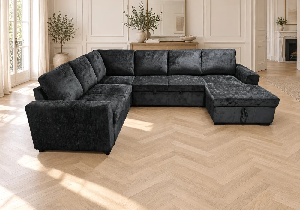 39504-39503 Salon d'angle panoramique convertible en tissu texturé noir, angle à gauche et méridienne à droite