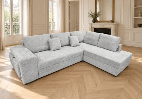 Salon d'angle convertible VIREA en tissu texturé gris clair, angle à droite, dans un salon lumineux