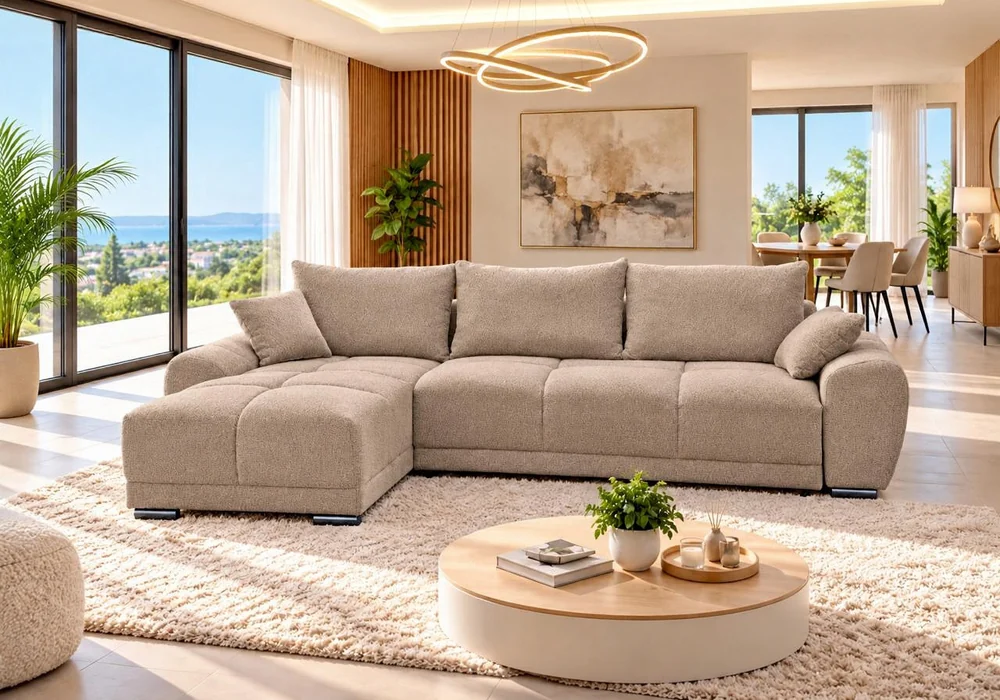 39543 Salon d'angle convertible FREDO en tissu beige, méridienne à gauche, dans un salon lumineux avec vue mer