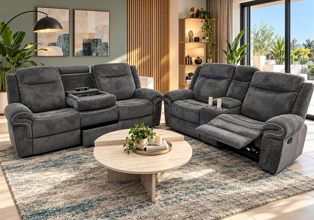 Salon PARIE 3 Places + 2 Places (avec console centrale) Avec 4 Relax Manuel/ Tiroir Fauteuils Relaxants Top Confort Fauteuils Relaxants Top Confort