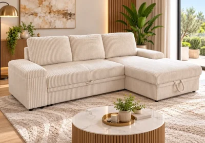 Salon d'angle convertible MARUA en tissu côtelé beige, méridienne à droite, dans un salon lumineux