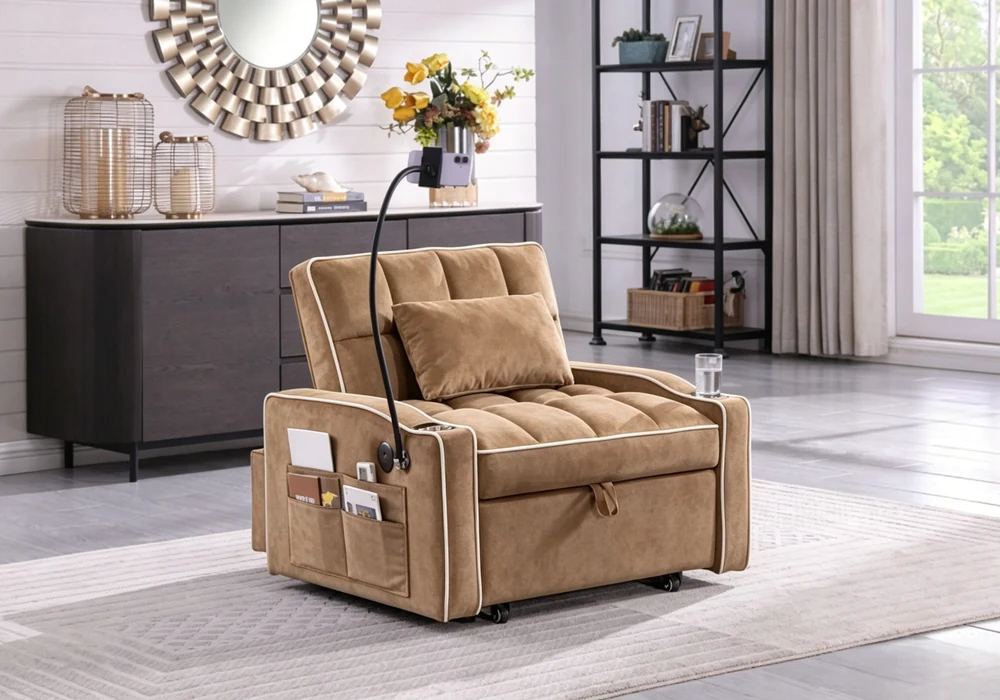 39841 Fauteuil convertible MARUA en microfibre camel avec passepoils blancs, dans un salon lumineux