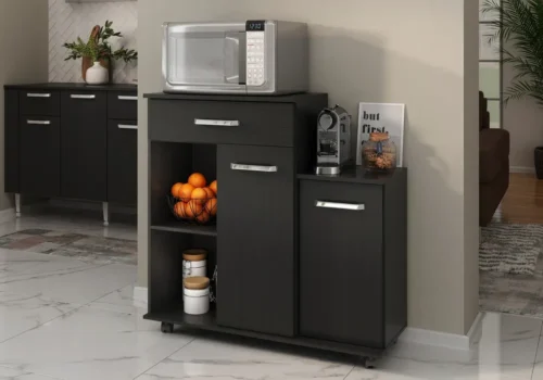 Meuble de cuisine ROULIA noir sur roulettes avec micro-ondes et machine à café sur ses deux plateaux, dans une cuisine