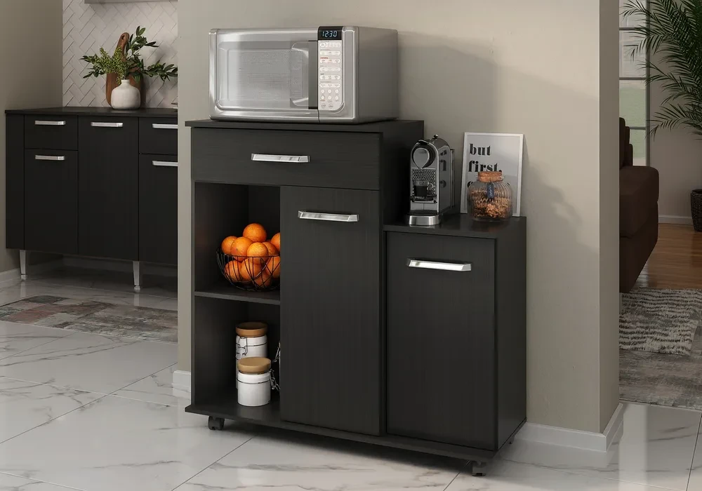 40171 Meuble de cuisine ROULIA noir sur roulettes avec micro-ondes et machine à café sur ses deux plateaux, dans une cuisine