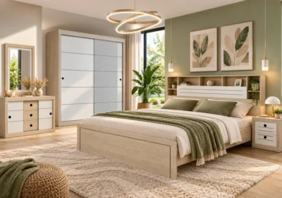 Armoire 2 portes coulissantes Aliar coloris chêne/gris crème dans une chambre lumineuse au mur vert sauge
