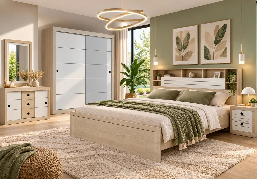 40259 Armoire 2 portes coulissantes Aliar coloris chêne/gris crème dans une chambre lumineuse au mur vert sauge