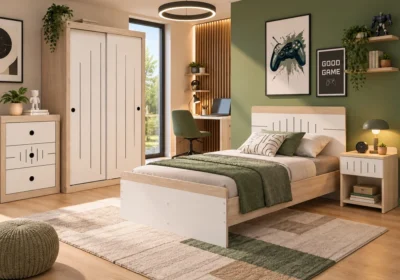 Meuble 3 tiroirs Aliane coloris chêne/gris crème, poignées rondes noires dans une chambre d'adolescent au mur vert sauge