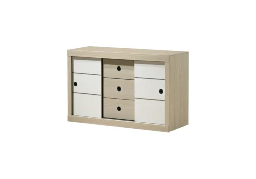 Commode Aliar à 2 portes coulissantes et 3 tiroirs, coloris chêne/gris crème, vue sur fond blanc